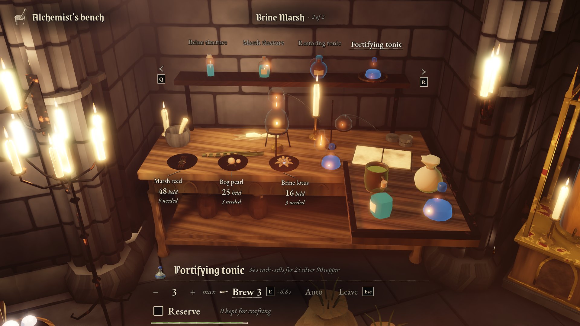 The Alchemist’s bench up close: Brine Marsh recipes on the shelf above, reagents on their dishes, and the order panel with Fortifying tonic chosen, three to brew