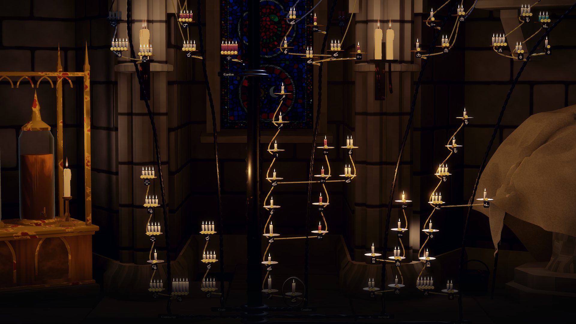Close on the wrought-iron candle-tree in the apse, most of its candles lit, a stained-glass window behind