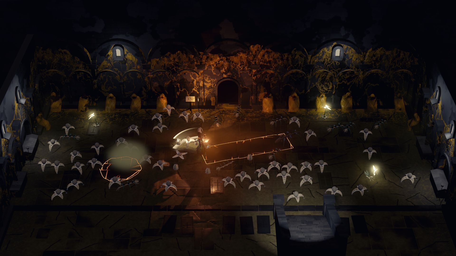 A crypt floor crowded with pale spore creatures, yellow growth veining the arcade behind a row of hooded novices