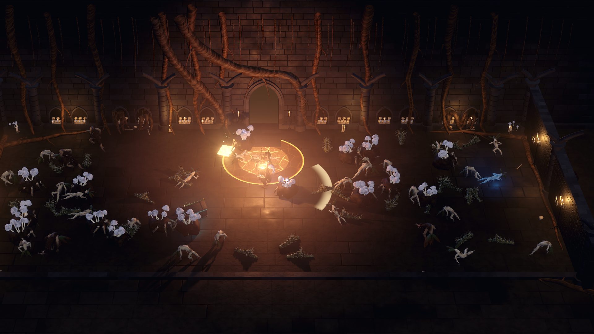 The Still-bearer mid-swing in a thick crowd of mandrakes and glowcaps under great roots, an ember scream warning ringed round him on the crypt floor