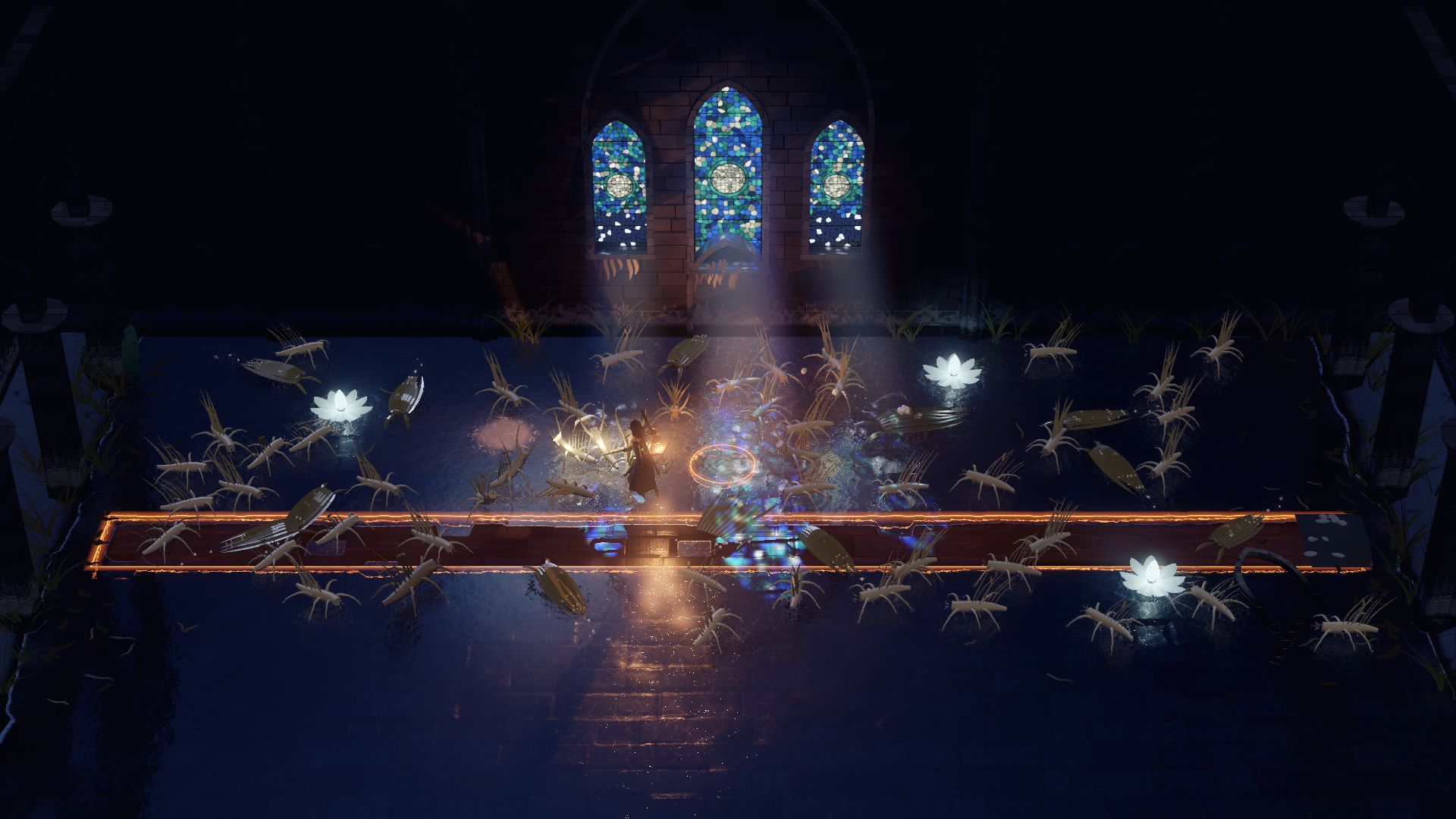 The Still-bearer cuts through a crowd of pale marsh crawlers in a flooded nave, moonlight falling through three stained-glass windows into the water