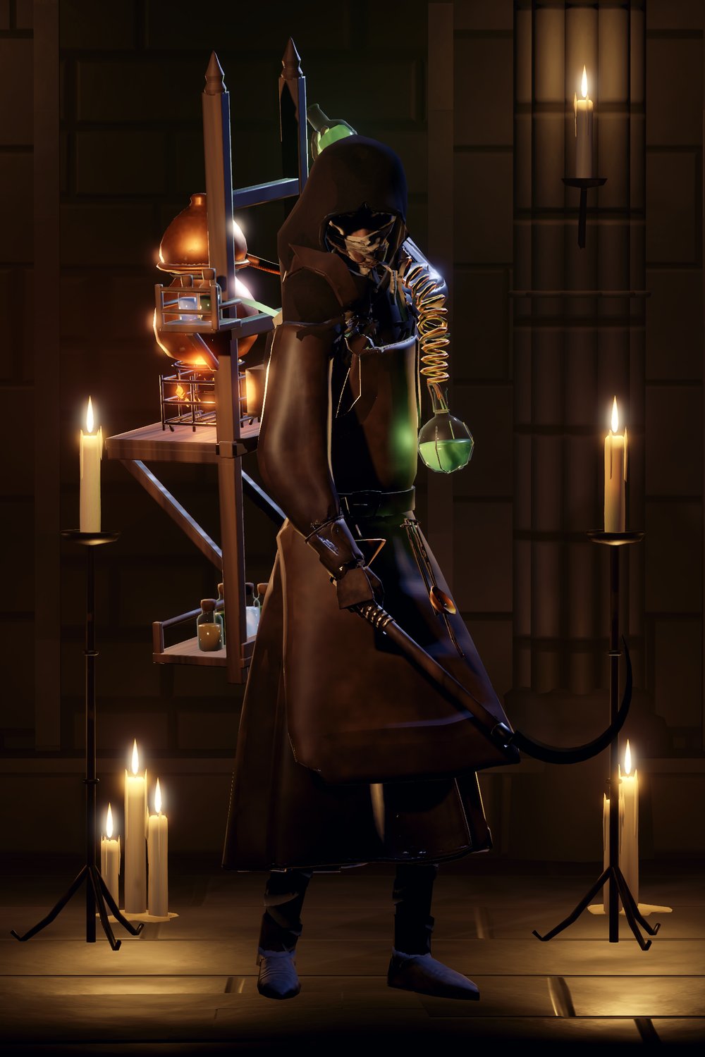 The Still-bearer between two candle stands, a green flask cocked behind his shoulder to throw and the sickle hanging in his other hand: hooded, linen over the face, the copper still glowing on his back-frame
