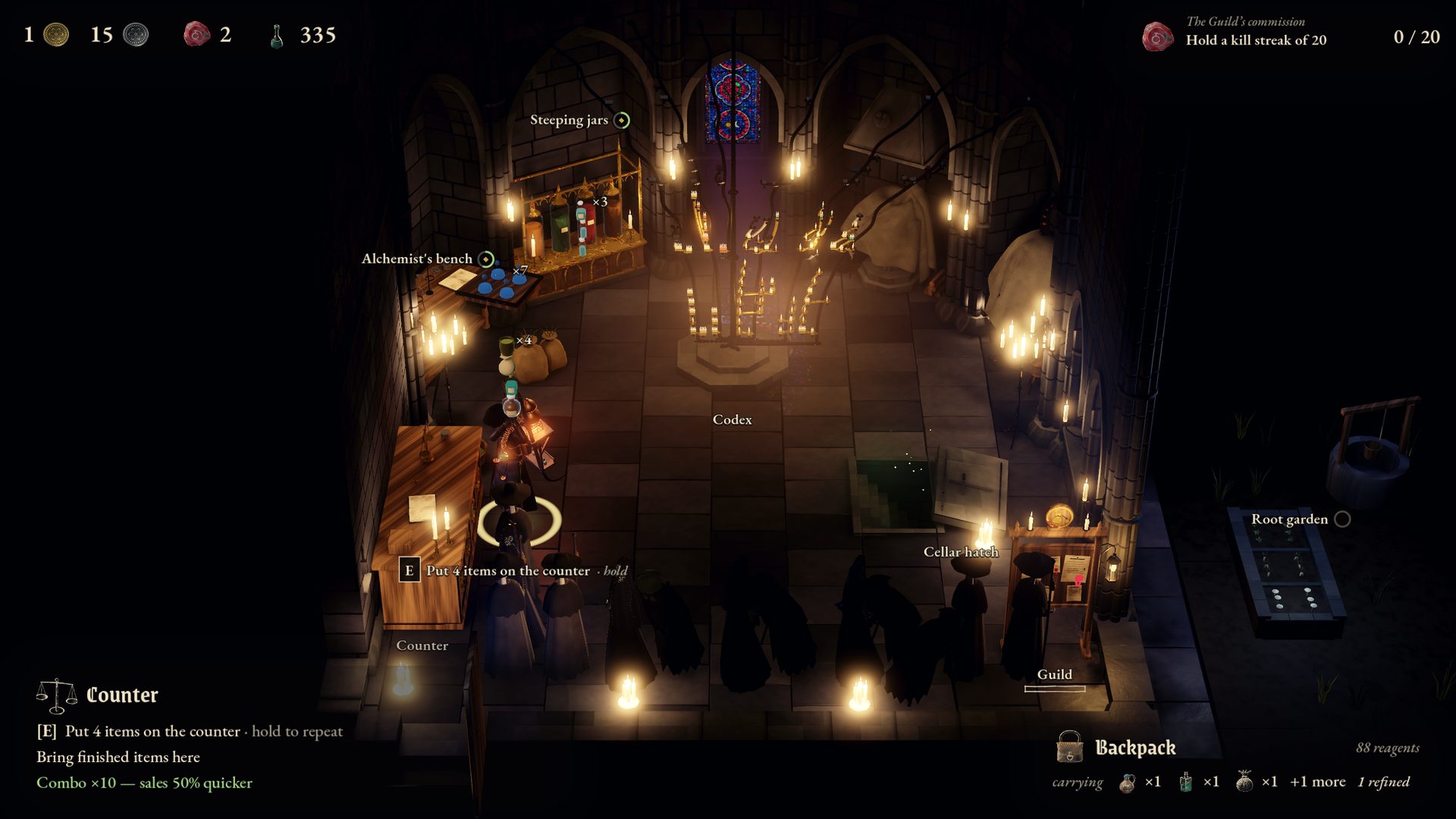 The workshop chapel later in the game: villagers queued at the counter, the Still-bearer carrying remedies, the steeping jars at work and the candle-tree lit, with the HUD round the edges